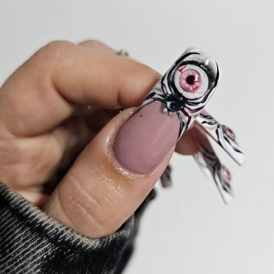 Mystical Eyeball Design Long Square Shape Black and White with Unique Detailed Decor Press On Nail Set
