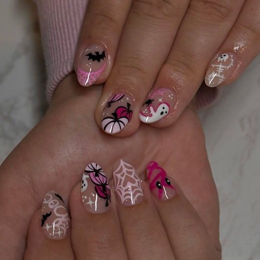 Spooky Elegance Short Almond Pink and Black Ghost and Spider Nail Press Set