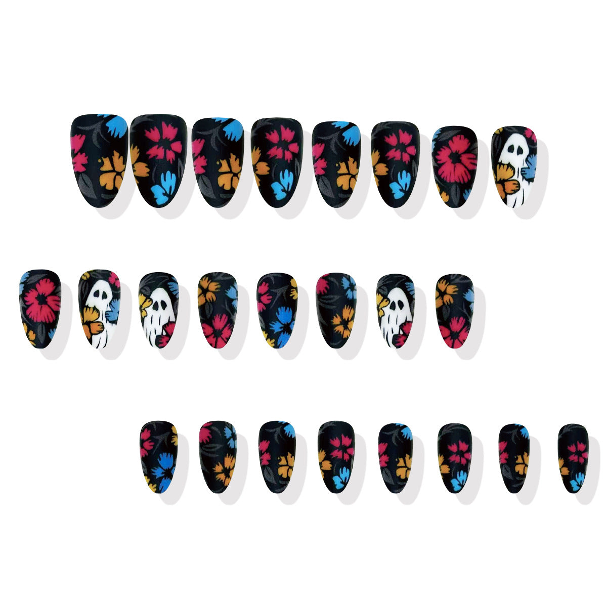 Mystical Garden Short Almond Black Floral Press On Nail Set with Unique Skull Design