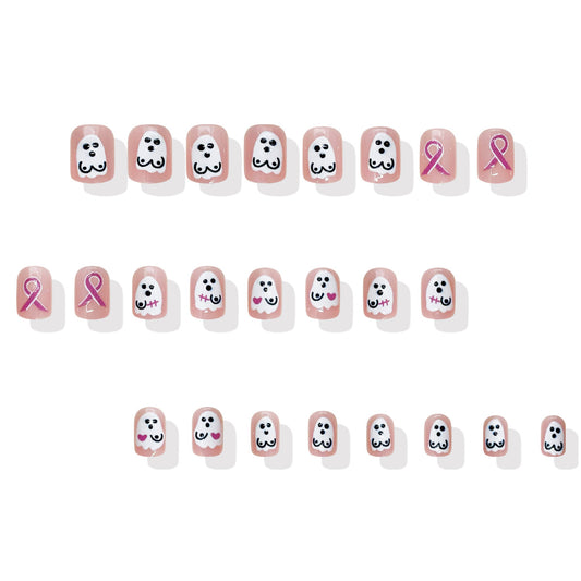 Cute Ghostly Vibes Short Square Pink Press On Nail Set with Adorable Characters and Ribbon Accents