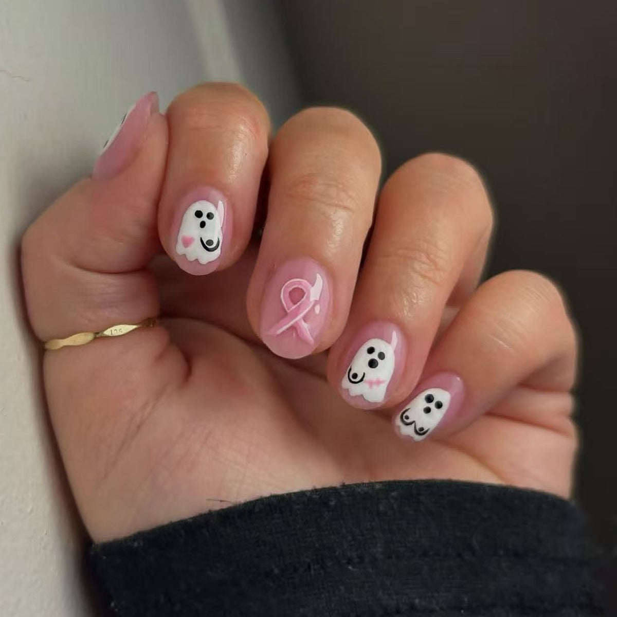 Whimsical Ghost Theme Short Oval Pink Nails with Cute Character Designs