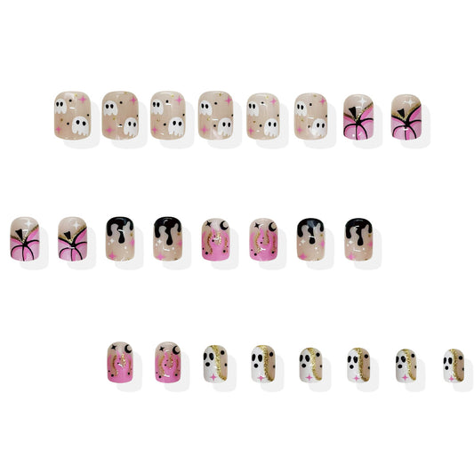 Spooky Glamour Short Square Press-On Nails in Beige with Ghost and Floral Designs