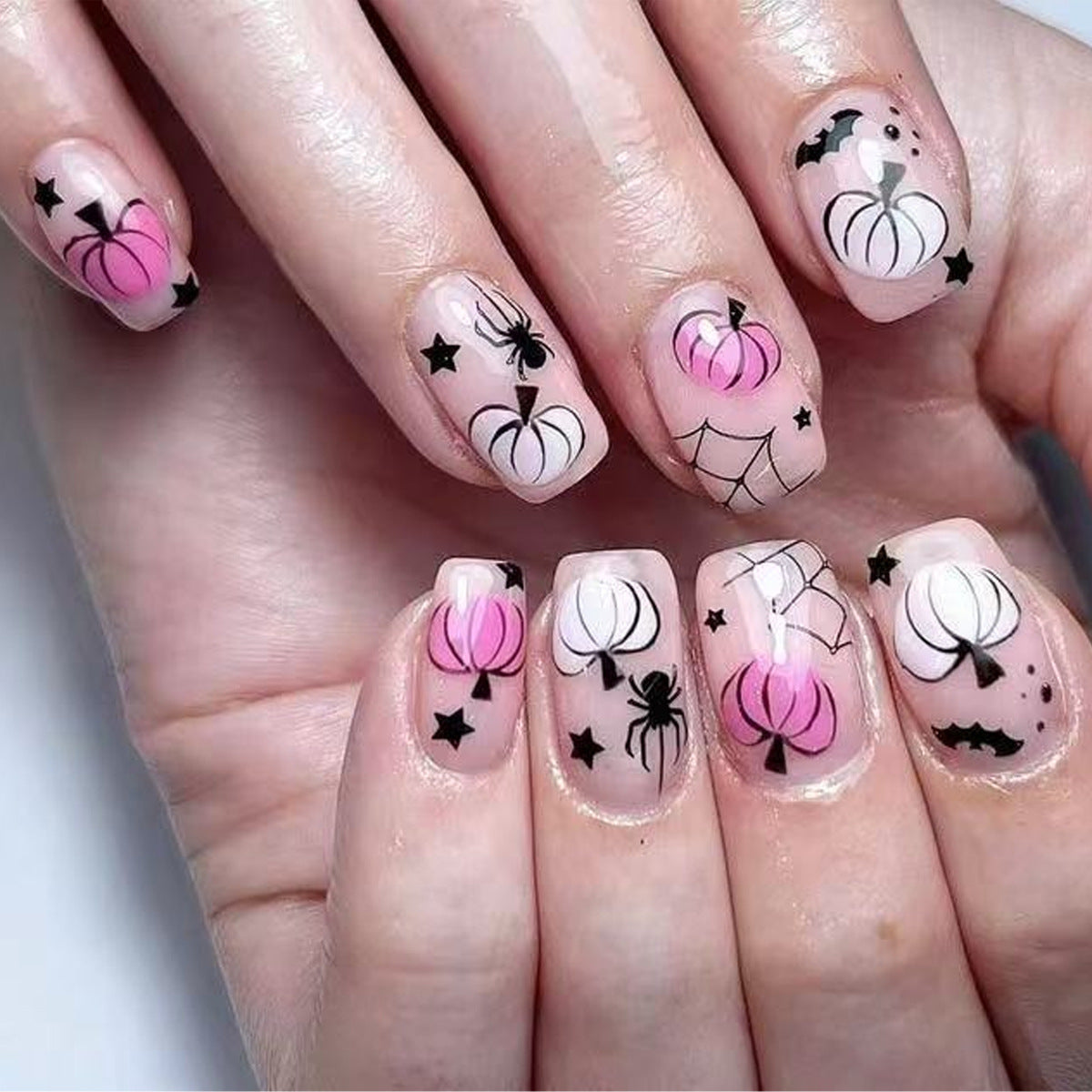 Spooky Autumn Vibes Medium Square Pink and White Press-On Nail Set with Halloween Pumpkin Designs