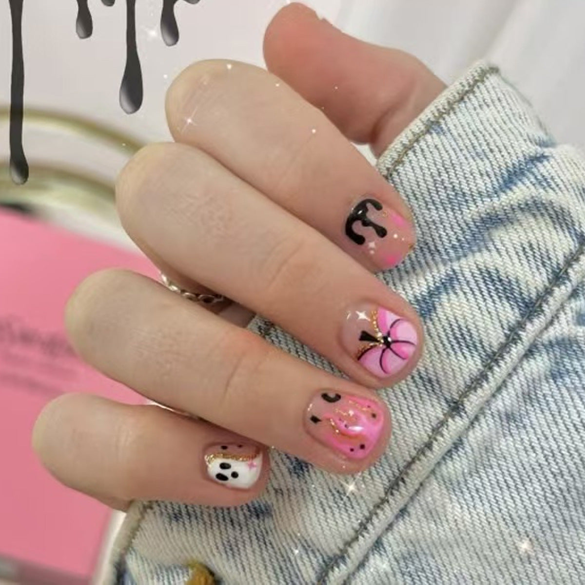 Whimsical Dream Press On Nails Medium Square Pink with Fun Floral Accents and Playful Dots
