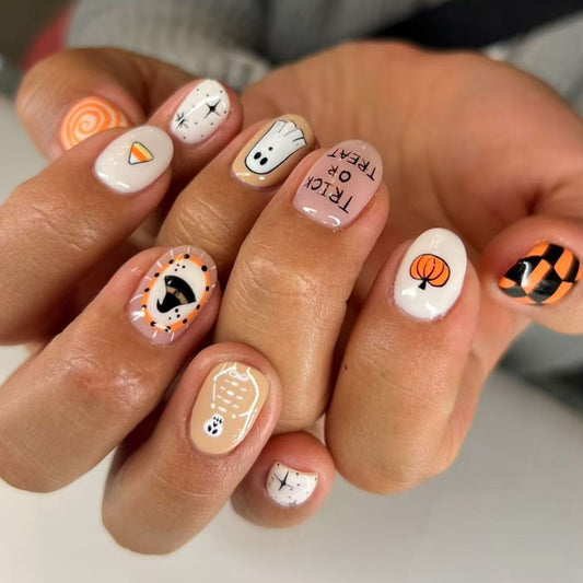Spooky Vibes Short Oval Orange with Halloween Designs Nail Set