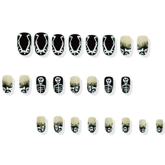 Spooky Vibes Short Almond Black and Cream Nail Set with Skeleton Design