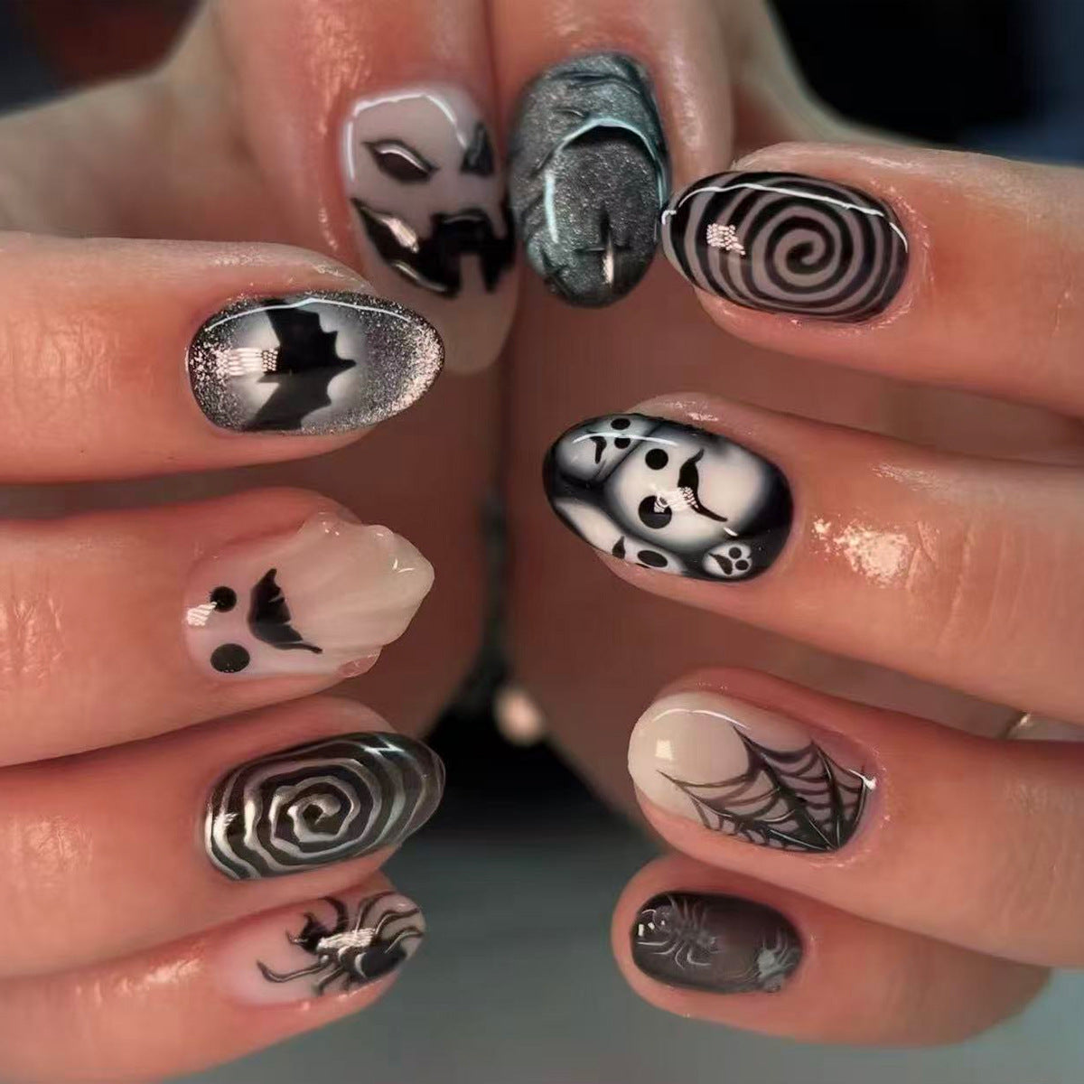 Spooky Medium Oval Black and White Nail Press Set with Unique Artistic Designs