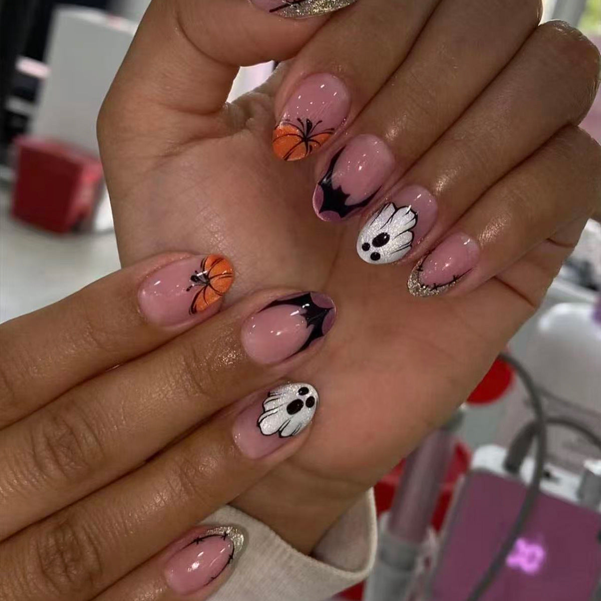 Spooky Halloween Medium Almond Orange and Black Ghost Press On Nail Set
