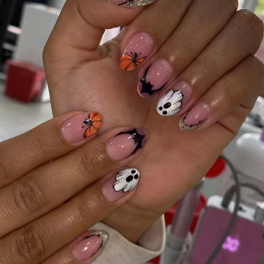 Spooky Halloween Medium Almond Orange and Black Ghost Press On Nail Set