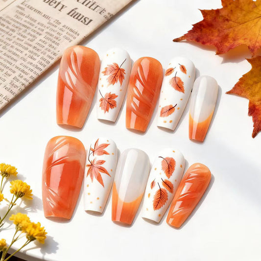 Autumn Elegance Long Coffin Orange Nails with Leaf Designs