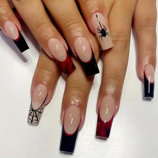 Spooky Season Long Coffin Press On Nail Set in Black Red Transparent with Spider and Web Design