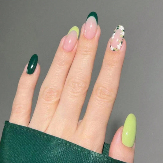 Botanical Garden Long Almond Green and Yellow Press On Nail Set with Floral Accent Design