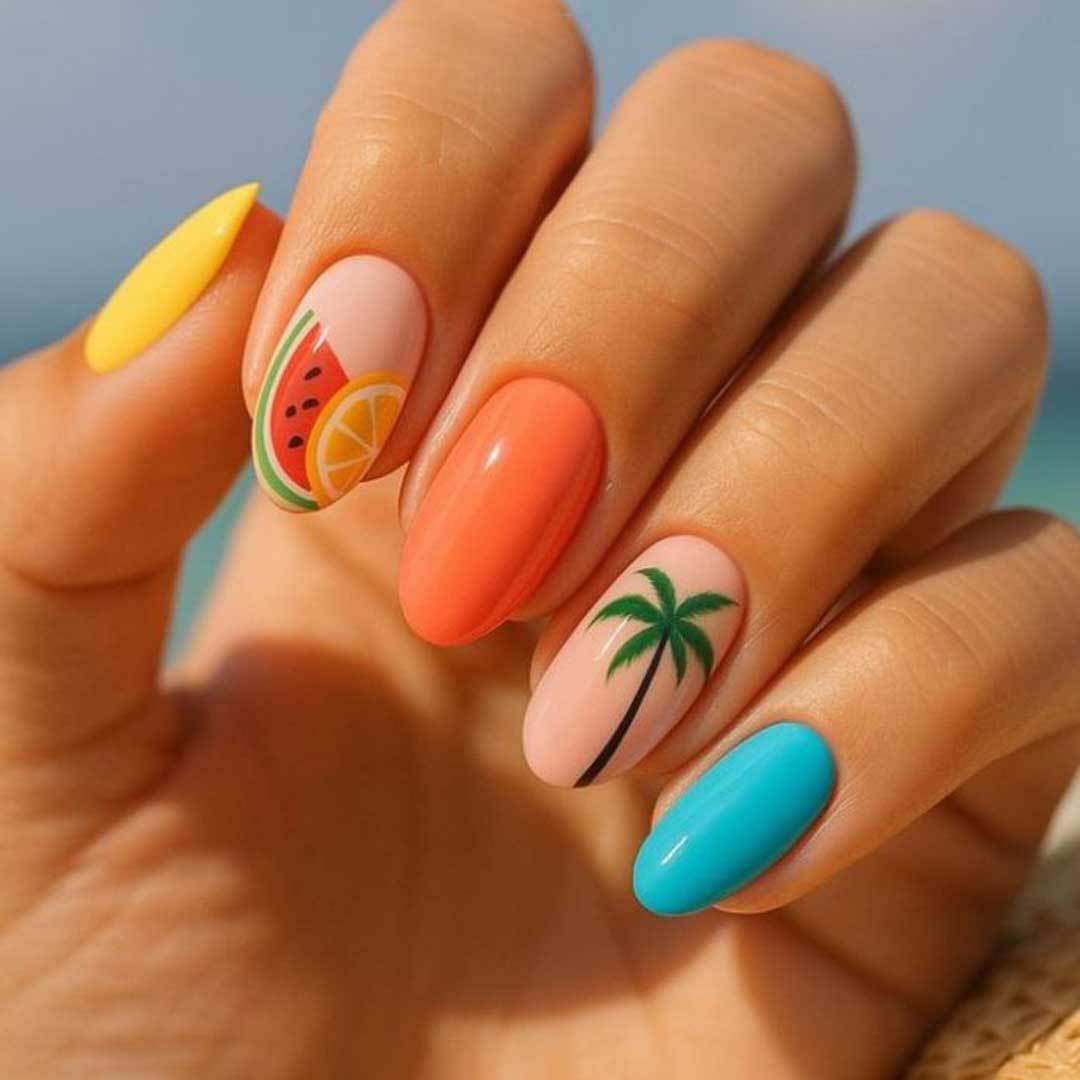 Tropical Vibes Medium Oval Colorful Nails with Fruit and Palm Tree Art