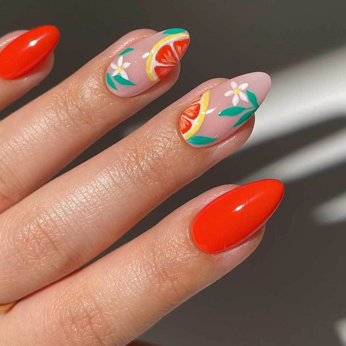 Vibrant Citrus Inspired Medium Almond Bright Red Glossy Finish Press On Nail Set