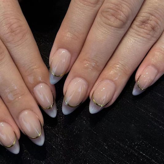 Elegant Enchantment Short Almond Ombre Beige with Glittering Gold Trim Press On Nail Set