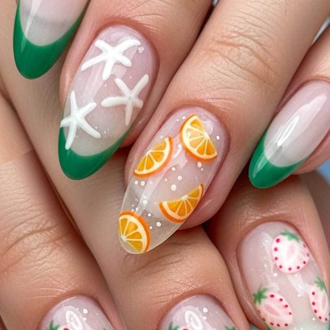 Tropical Citrus Delight Medium Almond Green Ombre with Fruit Designs