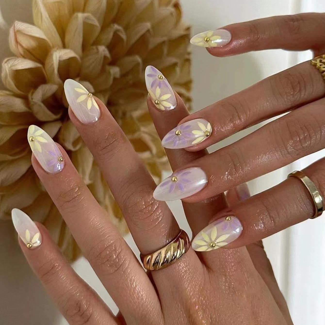 Chic Floral Dream Long Almond White and Purple Press On Nail Set with Elegant Flower Design and Gold Accents