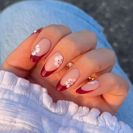 Cherry Blossom Elegance Long Almond Red Gradient Press On Nails with Floral Accents