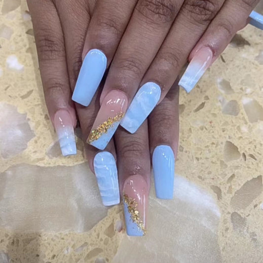 Ocean Breeze Long Coffin Press On Nail Set Sky Blue with Gold Accent Glamour