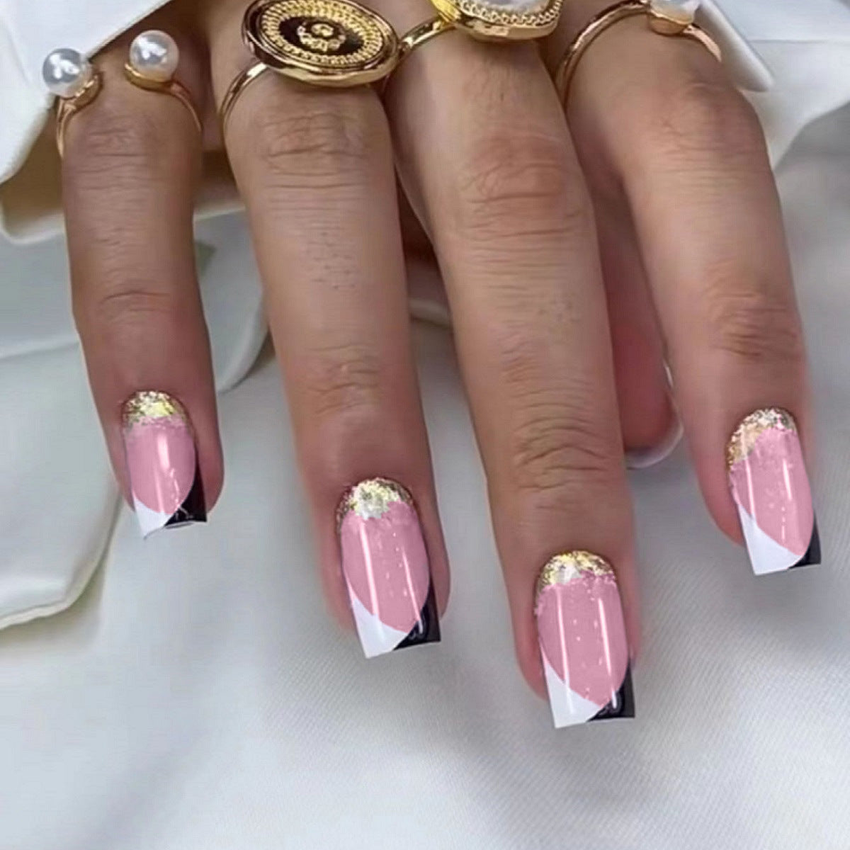 Glamorous Sunset Long Square Pink and Black Press On Nail Set with Gold Glitter Accent