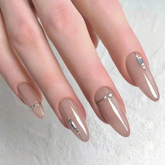 Glamorous Elegance Long Almond Beige Press On Nail Set with Crystal Accents
