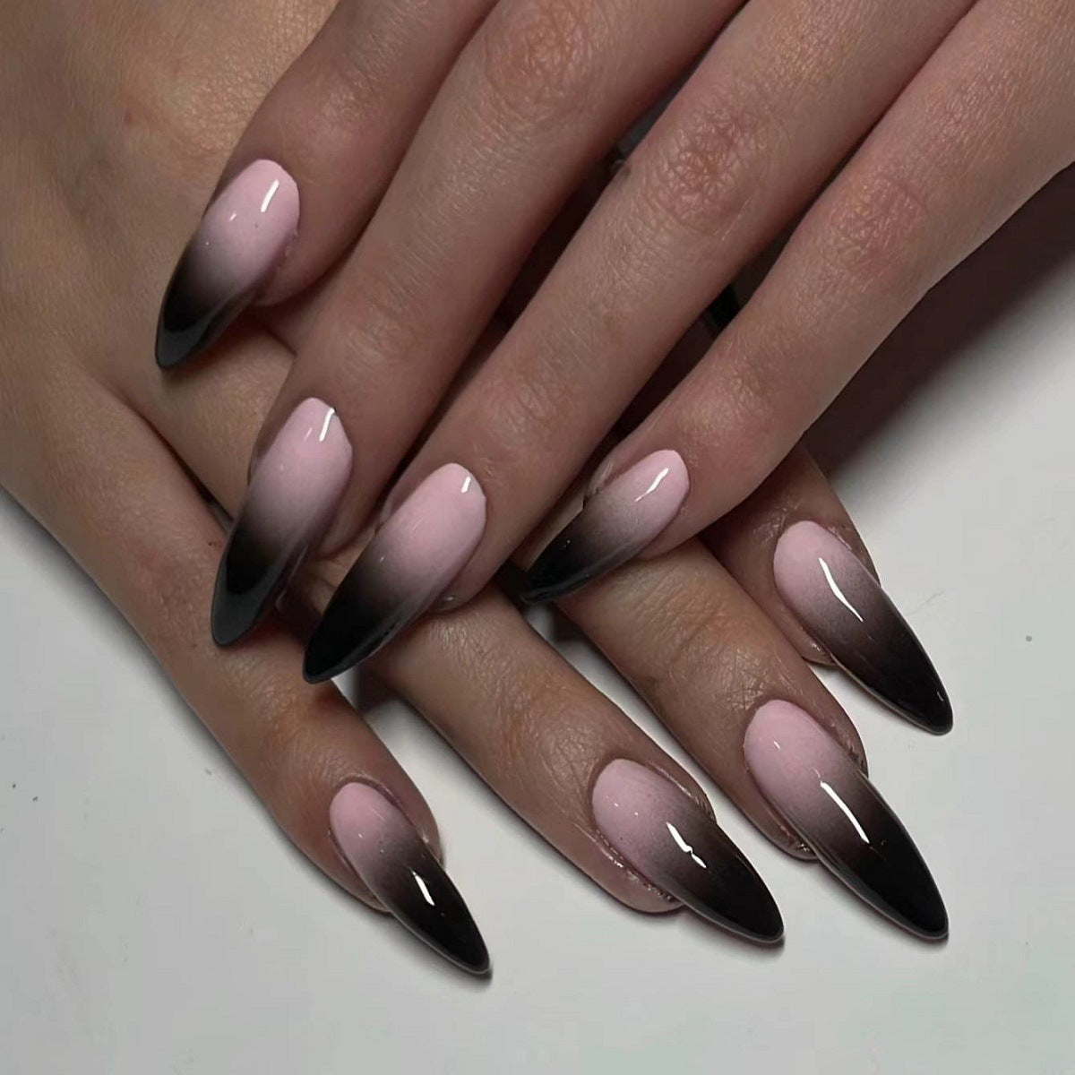 Gothic Dream Long Stiletto Press On Nails in Pink and Black Ombre with Glossy Finish