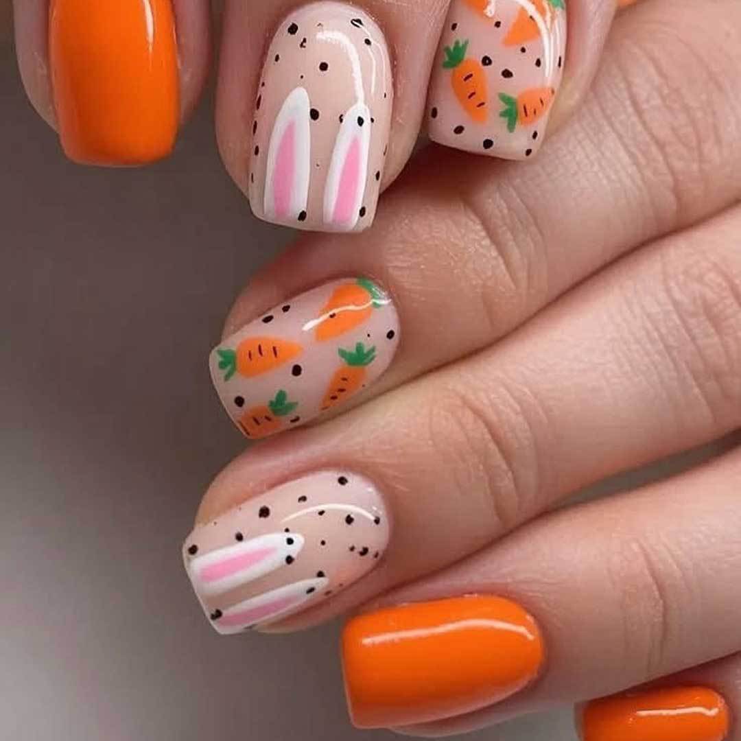 Springtime Delight Medium Square Orange with Bunny and Carrot Design Press On Nail Set