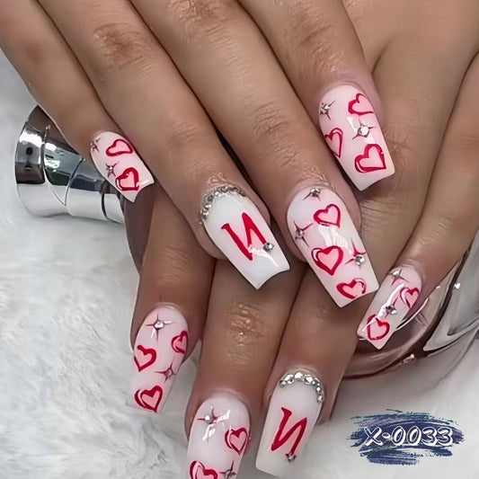 Valentine's Day Romance Medium Coffin White Press On Nails with Red Heart Designs and Rhinestone Accents