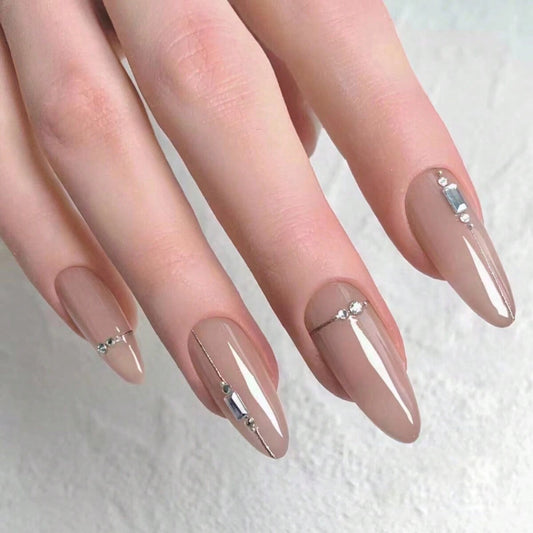 Elegant Glamour Almond Press On Nail Set Long Length Beige Color with Unique Rhinestone Accents