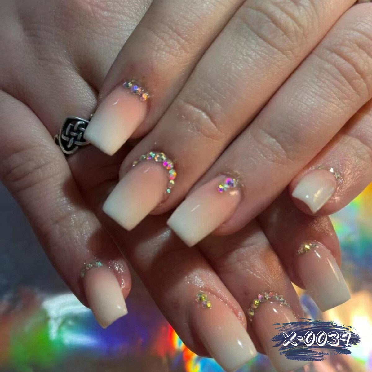 Enchanted Glow Medium-Length Square Pink Ombre Press On Nails with Rainbow Rhinestone Accents