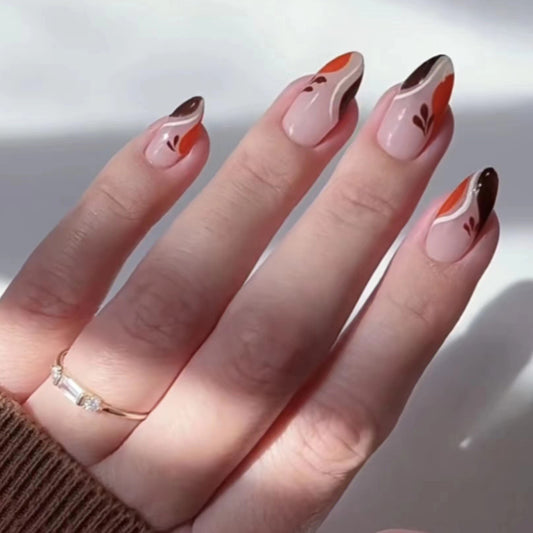 Autumn Elegance Long Almond Pink Orange and Brown swirl Pattern Press On Nail Set