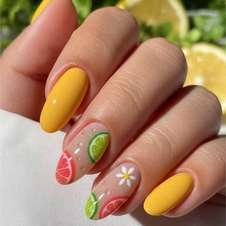 Citrus Burst Long Oval Yellow and Floral Accent Press on Nail Set
