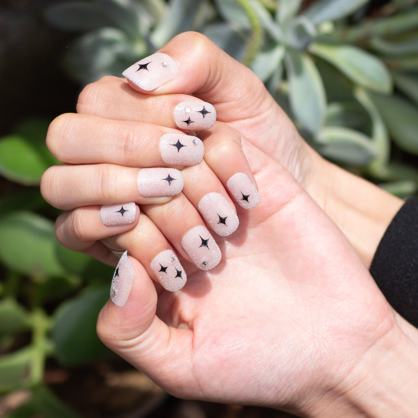 Cosmic Dreams Press On Nail Set Short Square Beige with Black Star Accents and Sparkling Gems