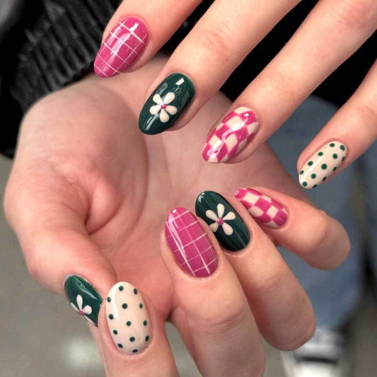 Floral Fiesta Medium Almond Green and Pink Patterned Press on Nail Set