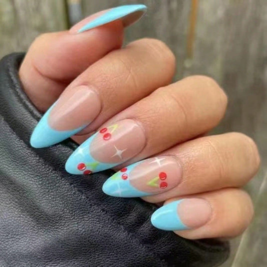 Tropical Paradise Almond Press On Nail Set Long Light Blue Sharp with Floral Gems Design