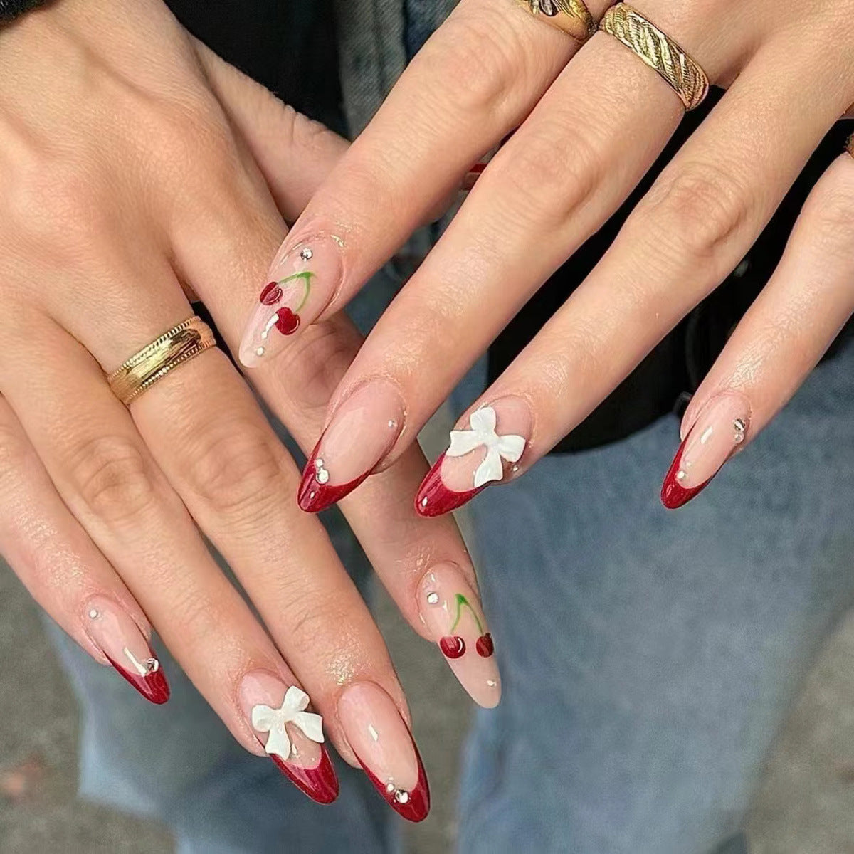Cherry Blossom Inspired Long Almond Red and Beige Press On Nail Set with Floral Accents and Gemstone Details