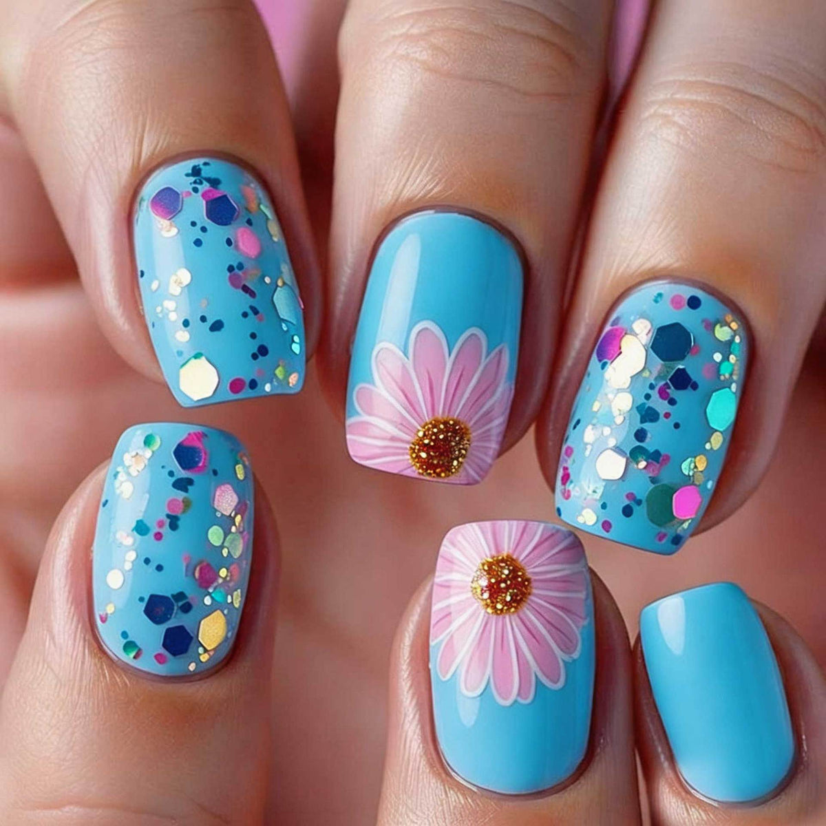 Whimsical Floral Delight Medium Square Blue with Glitter Accents Press on Nail Set
