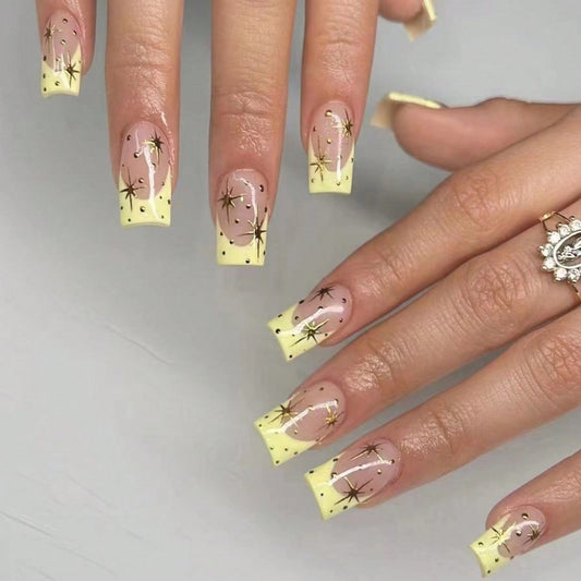 Celestial Glow Long Square Press On Nail Set in Soft Yellow with Starry Design and Glitter Accents