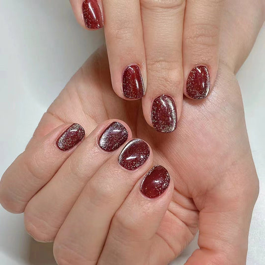 Glamorous Evening Celebration Short Oval Burgundy Glitter Press On Nail Set