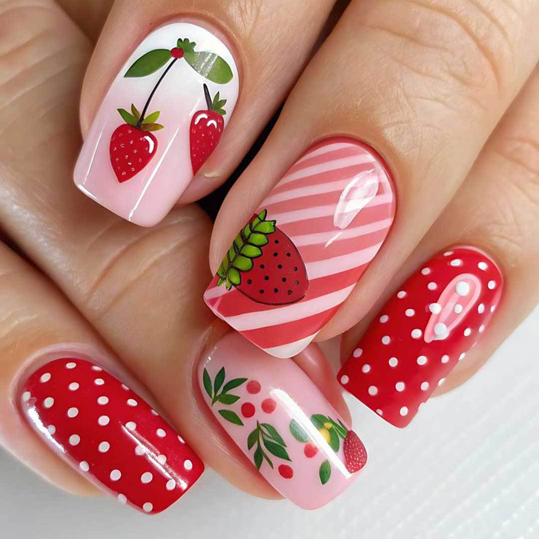 Strawberry Delight Medium Square Pink with Fun Fruit Designs Press On Nail Set