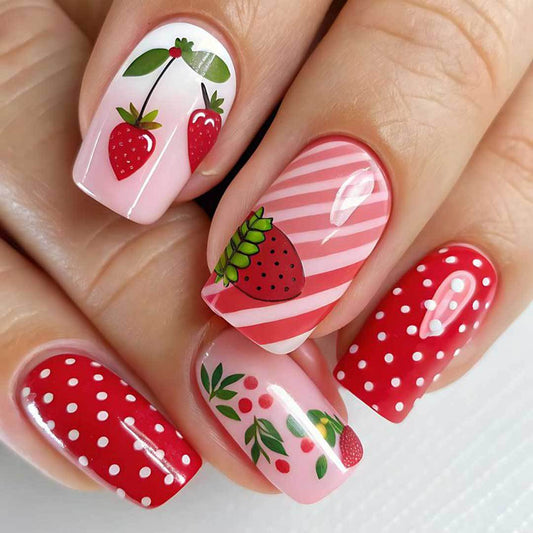 Strawberry Delight Medium Square Pink with Fun Fruit Designs Press On Nail Set