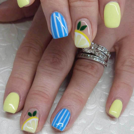 Citrus Delight Medium Square Yellow with Lemon Accent Press On Nail Set