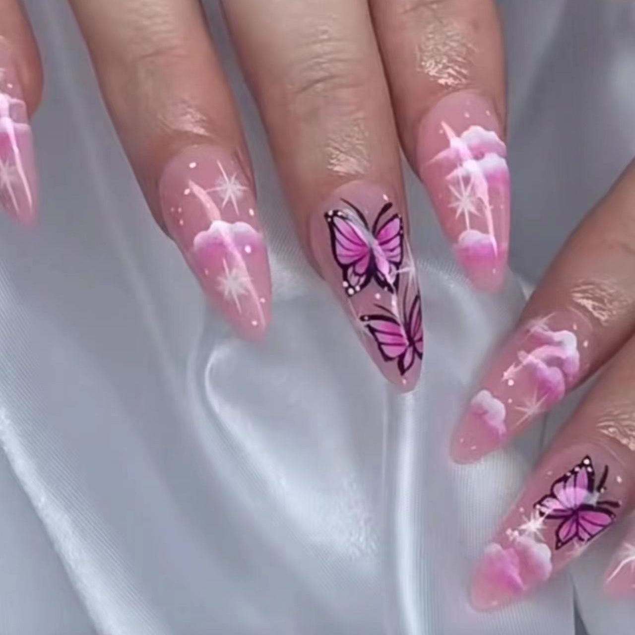 Butterfly Dream Extra Long Almond Shaped Pink Press On Nail Set with Stunning Floral Art