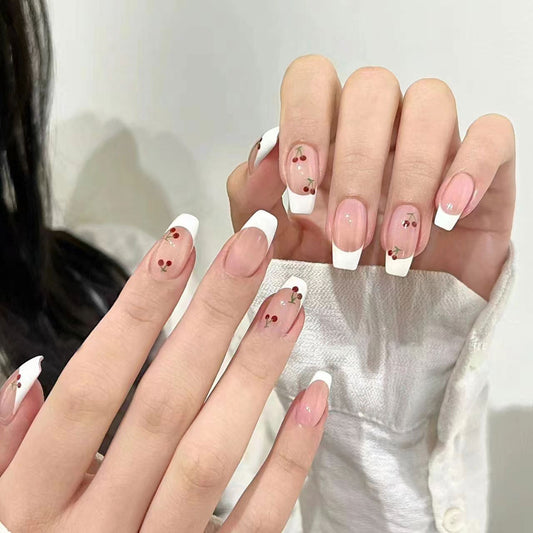 Cherry Blossom Elegant Coffin Shape Long White Tips with Floral Design Press On Nail Set