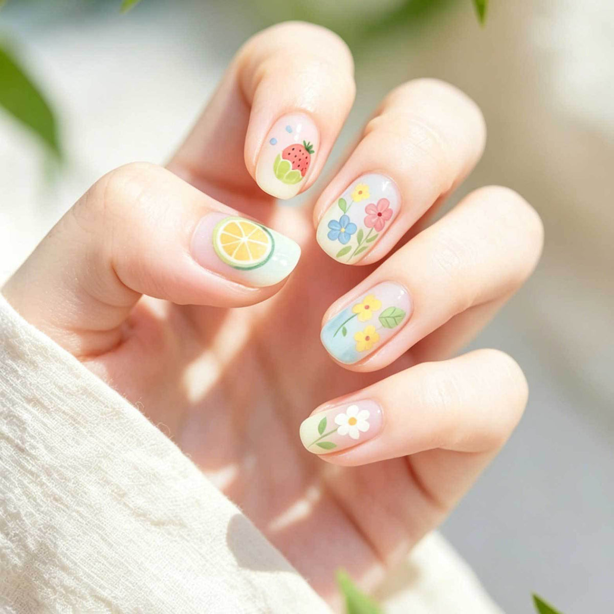 Tropical Floral Medium Square Pastel Design Press On Nail Set