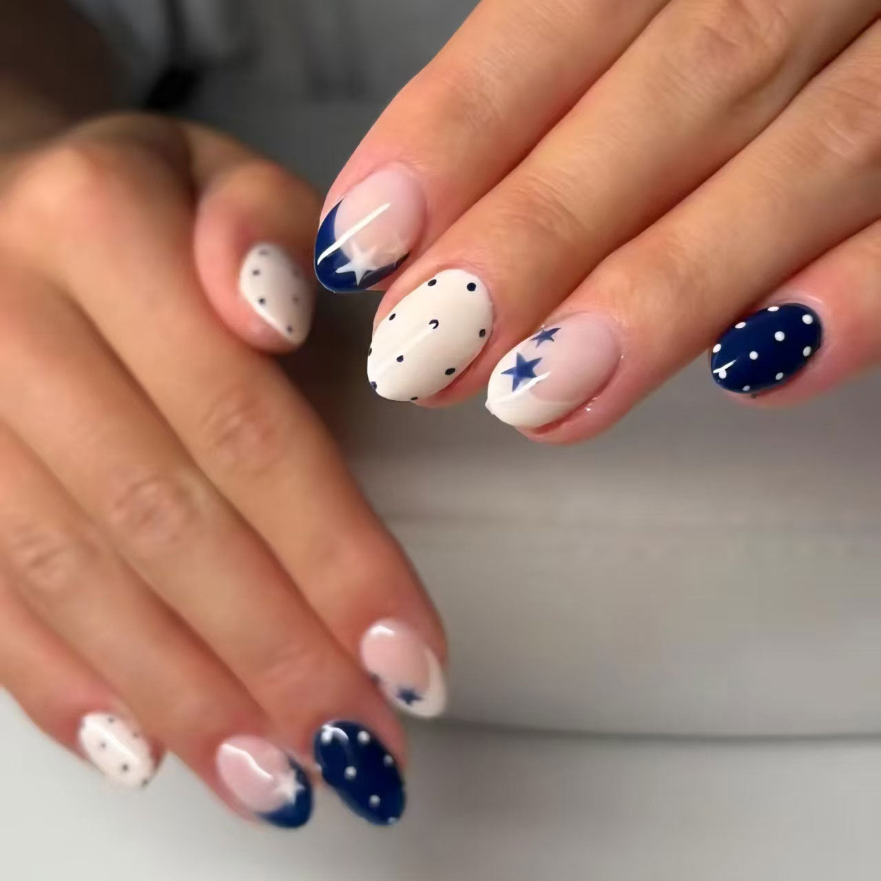 Celestial Dream Short Oval Navy and Cream Press On Nail Set with Starry Accents and Dotted Detail