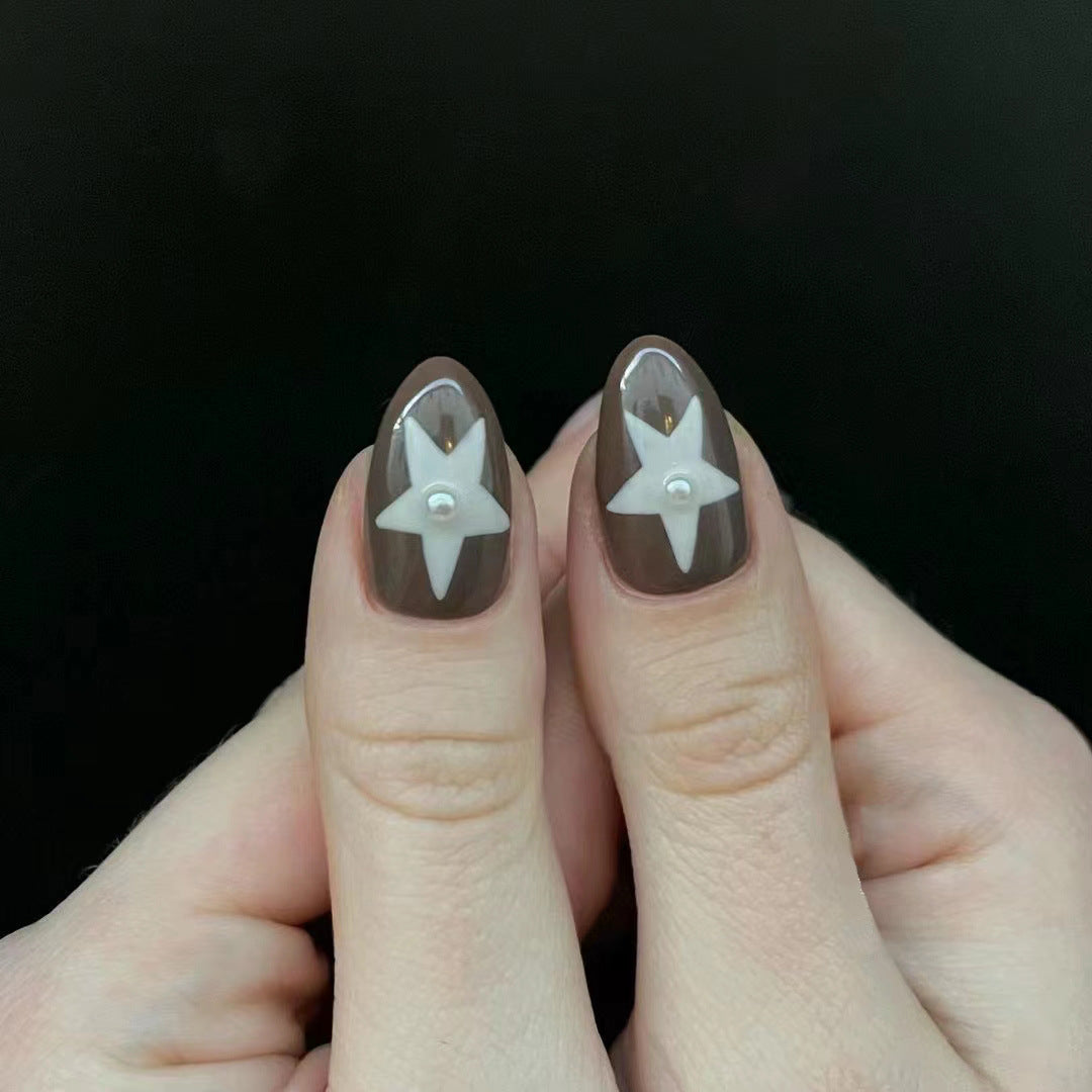 Cosmic Dreams Long Almond Brown Nail Set with Star Designs and Pearl Accents
