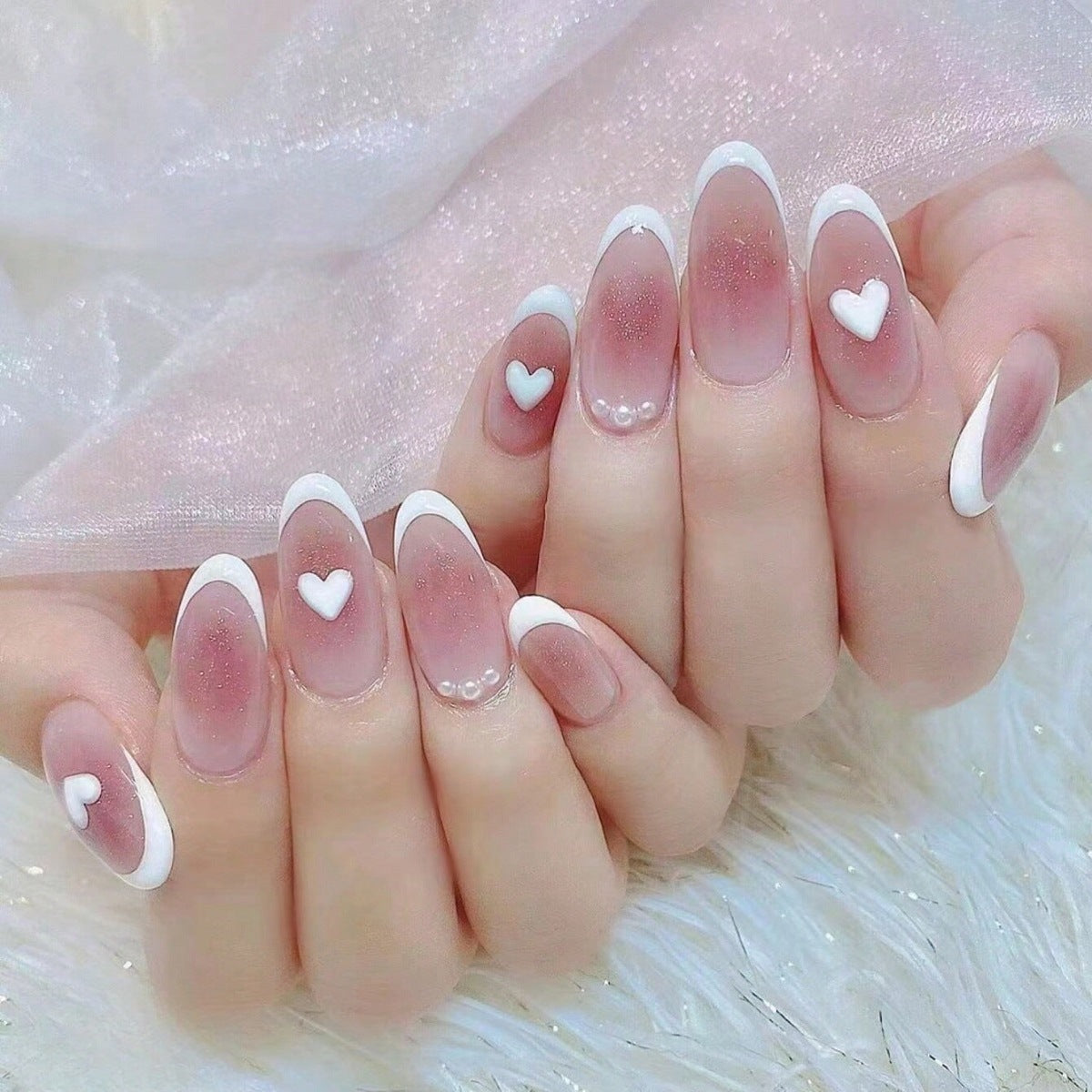 Love Story Almond Shape Blush Pink and White Press On Long Nail Set with Heart and Pearl Accents