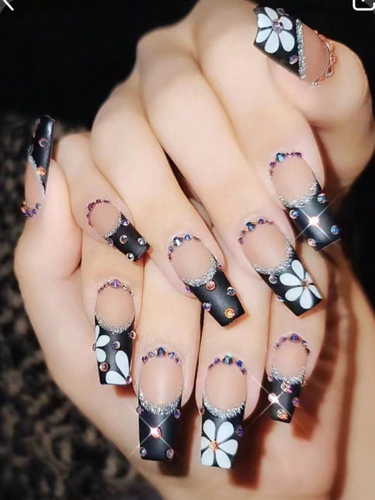 Glamorous Night Out Long Coffin Black and White Floral Press On Nail Set with Rhinestone Accents