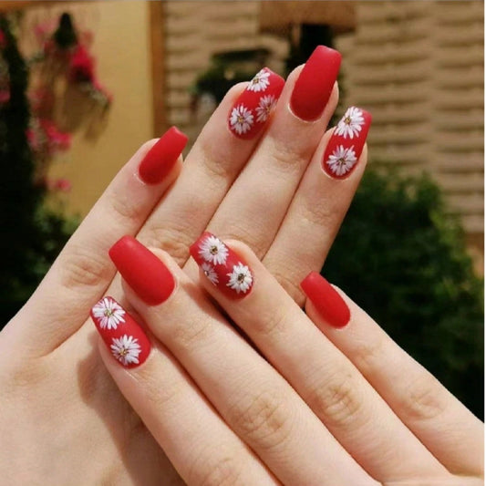 Floral Fiesta Long Coffin Red Press On Nail Set with Daisies